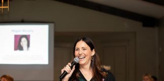 Megan Murphy at the Women's Business Network of Peterborough on September 2, 2026 at Elmhirst's Resort in Keene where she spoke about storytelling. As a performer, filmmaker, playwright, director, writer, radio host, emcee, and storyteller, Megan can help people, businesses, and organizations discover and tell their own stories in an authentic way. She is available for hire as a professional emcee, keynote speaker, ideation consultant, branded documentary filmmaker, leader of story-mining workshops, and more. (Photo: Jordan Lyall Photography)