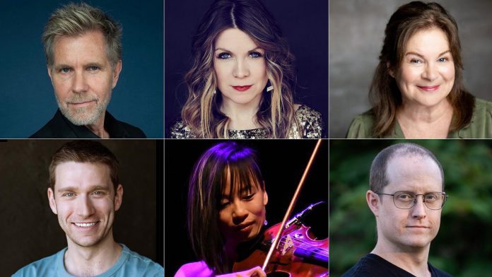 KS & Co. Productions and New Stages Theatre present "Phantom & Friends – A Toast to Broadway" at Market Hall Performing Arts Centre in downtown Peterborough on October 22, 2026 featuring (top row) vocalists David Rogers, Kate Suhr, and Linda Kash and (bottom row) musicians Gavin Tessier, Victoria Yeh, and Sam Quinn. (kawarthaNOW collage of supplied photos)