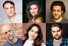 New Stages Theatre opens 2026-27 season with Kat Sandler’s award-winning dark comedy ‘Mustard’ Directed by Dahlia Katz, New Stages Theatre's staged reading of Kat Sandler's award-winning play "Mustard" on October 4, 2026 at Market Hall Performing Arts Centre in downtown Peterborough features (left to right, top and bottom) M. John Kennedy as Mustard, Aurora Browne as Sadie, Kris Siddiqi as Leslie, Jason Gray as Bug, Jayda Freeman as Thai, and Matt Schermann as Jay. (kawarthaNOW collage of supplied photos)