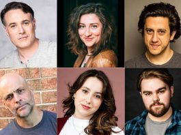 Directed by Dahlia Katz, New Stages Theatre's staged reading of Kat Sandler's award-winning play "Mustard" on October 4, 2026 at Market Hall Performing Arts Centre in downtown Peterborough features (left to right, top and bottom) M. John Kennedy as Mustard, Aurora Browne as Sadie, Kris Siddiqi as Leslie, Jason Gray as Bug, Jayda Freeman as Thai, and Matt Schermann as Jay. (kawarthaNOW collage of supplied photos)
