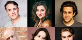 New Stages Theatre opens 2026-27 season with Kat Sandler’s award-winning dark comedy ‘Mustard’ Directed by Dahlia Katz, New Stages Theatre's staged reading of Kat Sandler's award-winning play "Mustard" on October 4, 2026 at Market Hall Performing Arts Centre in downtown Peterborough features (left to right, top and bottom) M. John Kennedy as Mustard, Aurora Browne as Sadie, Kris Siddiqi as Leslie, Jason Gray as Bug, Jayda Freeman as Thai, and Matt Schermann as Jay. (kawarthaNOW collage of supplied photos)