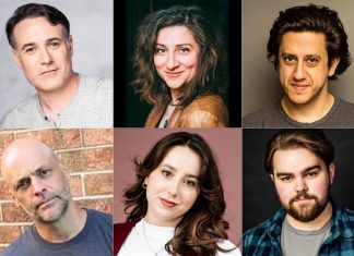 New Stages Theatre opens 2026-27 season with Kat Sandler’s award-winning dark comedy ‘Mustard’ Directed by Dahlia Katz, New Stages Theatre's staged reading of Kat Sandler's award-winning play "Mustard" on October 4, 2026 at Market Hall Performing Arts Centre in downtown Peterborough features (left to right, top and bottom) M. John Kennedy as Mustard, Aurora Browne as Sadie, Kris Siddiqi as Leslie, Jason Gray as Bug, Jayda Freeman as Thai, and Matt Schermann as Jay. (kawarthaNOW collage of supplied photos)
