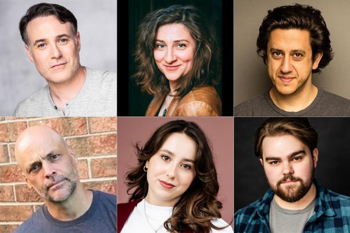 Directed by Dahlia Katz, New Stages Theatre's staged reading of Kat Sandler's award-winning play "Mustard" on October 4, 2026 at Market Hall Performing Arts Centre in downtown Peterborough features (left to right, top and bottom) M. John Kennedy as Mustard, Aurora Browne as Sadie, Kris Siddiqi as Leslie, Jason Gray as Bug, Jayda Freeman as Thai, and Matt Schermann as Jay. (kawarthaNOW collage of supplied photos)