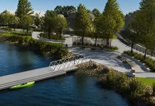 A rendering of the shoreline bank near The Gore, between Romaine Street and Lock Street, as part of the concept plan for the City of Peterborough's Otonabee River Trail and Shoreline Improvement Project, which was approved by city council on September 28, 2026. The following day, more than $6.5 million in federal, municipal, and community funding was announced for a new 1.15-kilometre section along Crescent and Haggart streets. (Rendering: City of Peterborough)