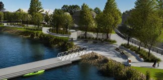 A rendering of the shoreline bank near The Gore, between Romaine Street and Lock Street, as part of the concept plan for the City of Peterborough's Otonabee River Trail and Shoreline Improvement Project, which was approved by city council on September 28, 2026. The following day, more than $6.5 million in federal, municipal, and community funding was announced for a new 1.15-kilometre section along Crescent and Haggart streets. (Rendering: City of Peterborough)