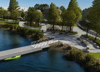 A rendering of the shoreline bank near The Gore, between Romaine Street and Lock Street, as part of the concept plan for the City of Peterborough's Otonabee River Trail and Shoreline Improvement Project, which was approved by city council on September 28, 2026. The following day, more than $6.5 million in federal, municipal, and community funding was announced for a new 1.15-kilometre section along Crescent and Haggart streets. (Rendering: City of Peterborough)