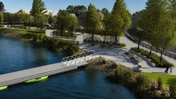 A rendering of the shoreline bank near The Gore, between Romaine Street and Lock Street, as part of the concept plan for the City of Peterborough's Otonabee River Trail and Shoreline Improvement Project, which was approved by city council on September 28, 2026. The following day, more than $6.5 million in federal, municipal, and community funding was announced for a new 1.15-kilometre section along Crescent and Haggart streets. (Rendering: City of Peterborough)