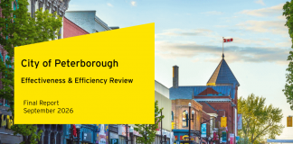 At its general committee meeting on September 21, 2026, Peterborough city council considered the 234-page Effectiveness and Efficiency Review prepared for the City of Peterborough by Ernst & Young. The recommendations of the review will be considered by the next city council during its deliberations on the 2027 budget. (Graphic: Ernst & Young)