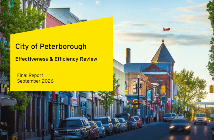 At its general committee meeting on September 21, 2026, Peterborough city council considered the 234-page Effectiveness and Efficiency Review prepared for the City of Peterborough by Ernst & Young. The recommendations of the review will be considered by the next city council during its deliberations on the 2027 budget. (Graphic: Ernst & Young)