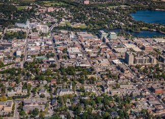 An aerial view of a portion of downtown Peterborough in 2012, looking east across the Hunter Street bridge to East City. Since this photo was taken, several multi-storey residential developments have been built in East City where, in 2025, city council also approved the construction of a new 17-storey high-rise. (Photo: City of Peterborough)