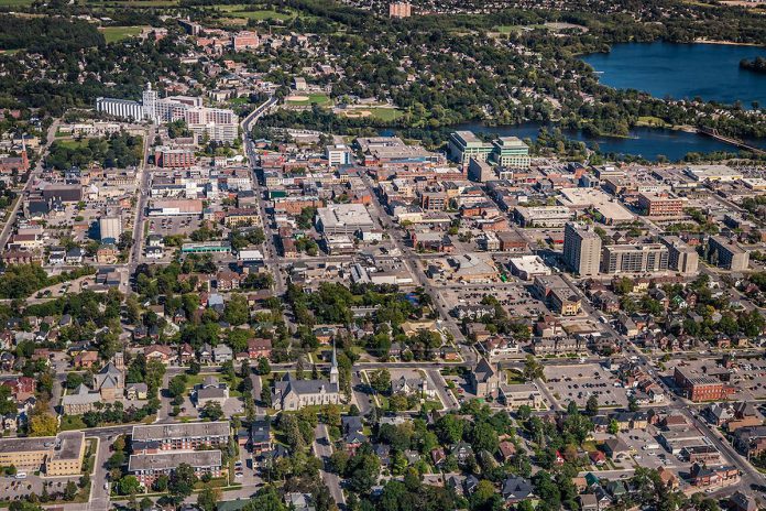 An aerial view of a portion of downtown Peterborough in 2012, looking east across the Hunter Street bridge to East City. Since this photo was taken, several multi-storey residential developments have been built in East City where, in 2025, city council also approved the construction of a new 17-storey high-rise. (Photo: City of Peterborough)