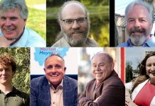 The seven candidates vying to become Peterborough's next mayor in the October 26, 2026 municipal election (left to right, top and bottom): Michael Eamon, Rob Hailman, Brian Lumsden, Jacob Méthot, Neil Morton, Keith Riel, and Rebecca Schillemat. (kawarthaNOW collage of candidate photos)