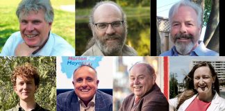 The seven candidates vying to become Peterborough's next mayor in the October 26, 2026 municipal election (left to right, top and bottom): Michael Eamon, Rob Hailman, Brian Lumsden, Jacob Méthot, Neil Morton, Keith Riel, and Rebecca Schillemat. (kawarthaNOW collage of candidate photos)