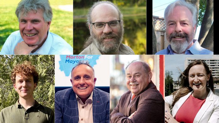 The seven candidates vying to become Peterborough's next mayor in the October 26, 2026 municipal election (left to right, top and bottom): Michael Eamon, Rob Hailman, Brian Lumsden, Jacob Méthot, Neil Morton, Keith Riel, and Rebecca Schillemat. (kawarthaNOW collage of candidate photos)