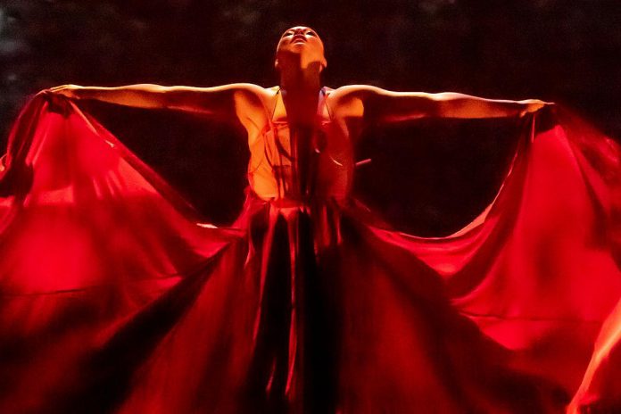 Public Energy Performing Arts' 2026-27 season begins with a performance of "Blood, Water, Earth" on October 14, 2026 at Market Hall Performing Arts Centre in downtown Peterborough. The elemental multimedia dance and music work by acclaimed dancer and creator Santee Tekaronhiáhkhwa Smith and her Kaha:wi Dance Theatre combines dance, music, and visual elements, with Curve Lake First Nation musician Missy Knott opening with a musical set. (Photo: Erik Zennstrom) Public Energy Performing Arts' 2026-27 season begins with a performance of "Blood, Water, Earth" on October 14, 2026 at Market Hall Performing Arts Centre in downtown Peterborough. The elemental multimedia dance and music work by acclaimed dancer and creator Santee Tekaronhiáhkhwa Smith and her Kaha:wi Dance Theatre combines dance, music, and visual elements, with Curve Lake First Nation musician Missy Knott opening with a musical set. (Photo: Erik Zennstrom)
