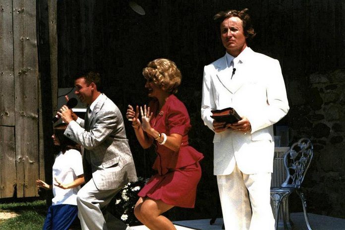 4th Line Theatre founder Robert Winslow (right) as Reverend Bobby Angel in 2002, when Winslow's play "Gimme That Prime Time Religion" premiered at 4th Line Theatre under the directorial debut of Kim Blackwell. (Photo: David Hawe)