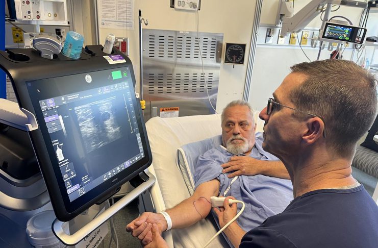 Dr. Michel Boivin uses ultrasound to care for patients in the ICU of Ross Memorial Hospital in Lindsay. (Photo: Ross Memorial Hospital Foundation)