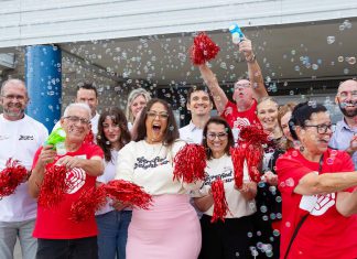 United Way Peterborough & District 2026-27 campaign chair Tiffany Arcari (third from left, front) leads members of the campaign cabinet during a campaign launch event at Healthy Planet Arena on September 17, 2026. (Photo: Jordan Lyall Photography)
