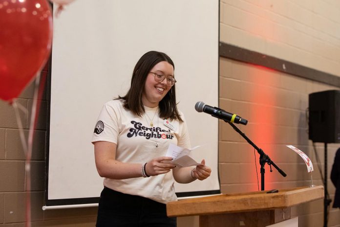 United Way Peterborough & District campaign associate Adeline Murphy speaks during a launch event for the non-profit organization's 2026-27 campaign at Healthy Planet Arena on September 17, 2026. (Photo: Jordan Lyall Photography)