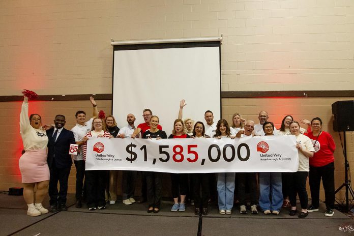 United Way Peterborough & District 2026-27 campaign chair Tiffany Arcari and United Way CEO Jason Seguya (left) and members of the campaign cabinet announce the 2026-27 campaign goal of $1,585,000 during a launch event at Healthy Planet Arena on September 17, 2026. The "85" in the campaign goal represents the non-profit organization's 85 years of strengthening the community. (Photo: Jordan Lyall Photography)