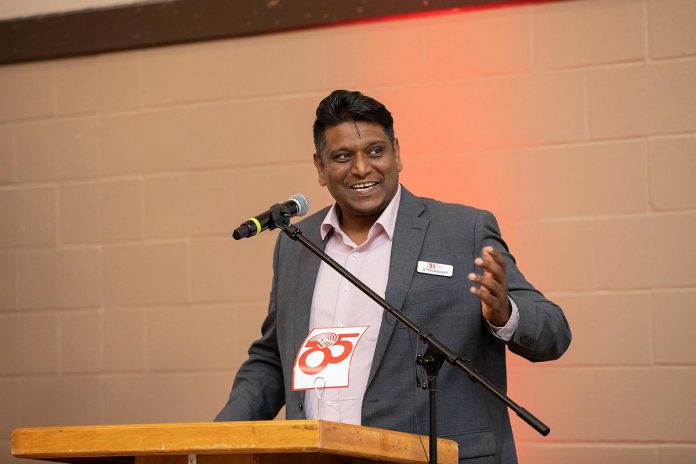 Jeeniraj "JJ" Thevasagayam, executive director of the New Canadians Centre in Peterborough, speaks during the United Way Peterborough & District's 2026-27 campaign launch event at Healthy Planet Arena on September 17, 2026. The New Canadians Centre, a non-profit charitable organization dedicated to supporting immigrants, refugees and other newcomers in the City of Kawartha Lakes, Haliburton County, City and County of Peterborough and Northumberland County, receives some of its funding from the United Way. (Photo: Jordan Lyall Photography)