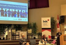 Workforce Development Board CEO Jennifer Lamantia (right) making a presentation at the Peterborough and Kawarthas Chamber of Commerce's Business Summit in June 2026. On September 30, the not-for-profit organization is celebrating 30 years of strengthening the workforce across Peterborough, the City of Kawartha Lakes, Northumberland, and Haliburton. (Photo courtesy of WDB)
