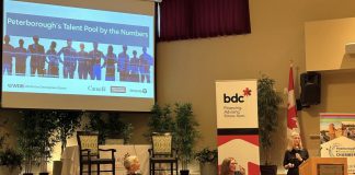 Workforce Development Board CEO Jennifer Lamantia (right) making a presentation at the Peterborough and Kawarthas Chamber of Commerce's Business Summit in June 2026. On September 30, the not-for-profit organization is celebrating 30 years of strengthening the workforce across Peterborough, the City of Kawartha Lakes, Northumberland, and Haliburton. (Photo courtesy of WDB)