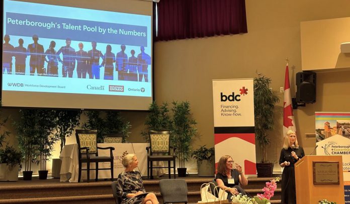 Workforce Development Board CEO Jennifer Lamantia (right) making a presentation at the Peterborough and Kawarthas Chamber of Commerce's Business Summit in June 2026. On September 30, the not-for-profit organization is celebrating 30 years of strengthening the workforce across Peterborough, the City of Kawartha Lakes, Northumberland, and Haliburton. (Photo courtesy of WDB)