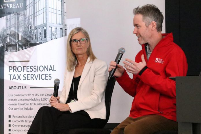Workforce Development Board (WDB) CEO Jennifer Lamantia, pictured here with former Executive Director of New Canadians Centre Andy Cragg, on a panel during the Peterborough and Kawarthas Chamber of Commerce Business Summit in May 2023. She has been leading WDB since 2017 and says partnerships with local career and workforce organizations are critical for the work of the not-for-profit organization. (Photo: Peterborough and Kawarthas Chamber of Commerce) 