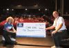 At its quarterly meeting at the Flato Academy Theatre in Lindsay on September 3, 2026, 100 Men of Kawartha Lakes donated $12,291.59 to Camp Kirk, a non-profit charitable organization offering recreational programs for neurodivergent children and youth. The collective philanthropy group also donated $2,500 to the Community Fund of Fenelon Falls and, in the absence of a third charity that was unable to attend the meeting, donated $2,500 to the new Forever Fund, a permanent investment fund being established by 100 Men of Kawartha Lakes through the Community Foundation of Kawartha Lakes. (Photo: 100 Men of Kawartha Lakes)