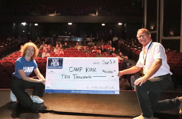 At its quarterly meeting at the Flato Academy Theatre in Lindsay on September 3, 2026, 100 Men of Kawartha Lakes donated $12,291.59 to Camp Kirk, a non-profit charitable organization offering recreational programs for neurodivergent children and youth. The collective philanthropy group also donated $2,500 to the Community Fund of Fenelon Falls and, in the absence of a third charity that was unable to attend the meeting, donated $2,500 to the new Forever Fund, a permanent investment fund being established by 100 Men of Kawartha Lakes through the Community Foundation of Kawartha Lakes. (Photo: 100 Men of Kawartha Lakes)