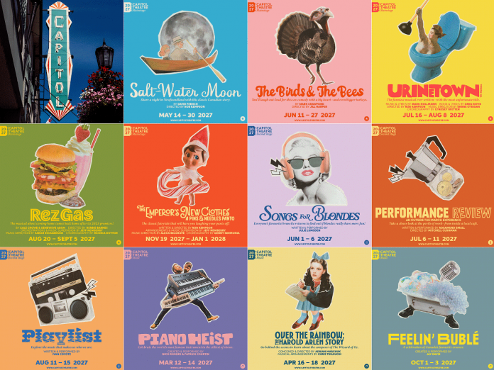 The Capitol Theatre in Port Hope has revealed 11 shows in its 2027 season, including 10 Canadian productions, two world premieres, and the revival of a made-in-Port Hope hit show. (Photo: kawarthaNOW collage of Capitol Theatre graphics)