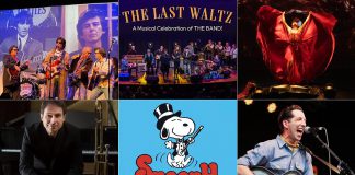 encoreNOW for October 5, 2026 features (from left to right, top and bottom) The Traveling Milburys at Lindsay's FLATO Academy Theatre, The Last Waltz: A Musical Celebration of the Band at Peterborough's Showplace Performance Centre, "Blood Water Earth" at Peterborough's Market Hall Performing Arts Centre, The Mark Ferguson Quartet at Peterborough's Gordon Best Theatre, "Snoopy! The Musical" at Lindsay Little Theatre, and Pokey LaFarge at Peterborough's New Canadians Centre. (kawarthaNOW collage)