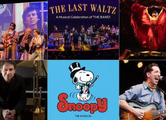 encoreNOW for October 5, 2026 features (from left to right, top and bottom) The Traveling Milburys at Lindsay's FLATO Academy Theatre, The Last Waltz: A Musical Celebration of the Band at Peterborough's Showplace Performance Centre, "Blood Water Earth" at Peterborough's Market Hall Performing Arts Centre, The Mark Ferguson Quartet at Peterborough's Gordon Best Theatre, "Snoopy! The Musical" at Lindsay Little Theatre, and Pokey LaFarge at Peterborough's New Canadians Centre. (kawarthaNOW collage)