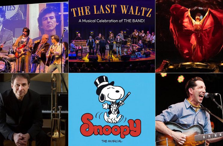 encoreNOW for October 5, 2026 features (from left to right, top and bottom) The Traveling Milburys at Lindsay's FLATO Academy Theatre, The Last Waltz: A Musical Celebration of the Band at Peterborough's Showplace Performance Centre, "Blood Water Earth" at Peterborough's Market Hall Performing Arts Centre, The Mark Ferguson Quartet at Peterborough's Gordon Best Theatre, "Snoopy! The Musical" at Lindsay Little Theatre, and Pokey LaFarge at Peterborough's New Canadians Centre. (kawarthaNOW collage)