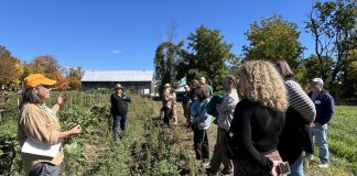 Heather Thoma, operations manager for Farms at Work, leads a plot tour at the Peterborough Community Farm in Otonabee-South Monaghan during the official launch event on October 3, 2026. (Photo courtesy of Farms at Work)