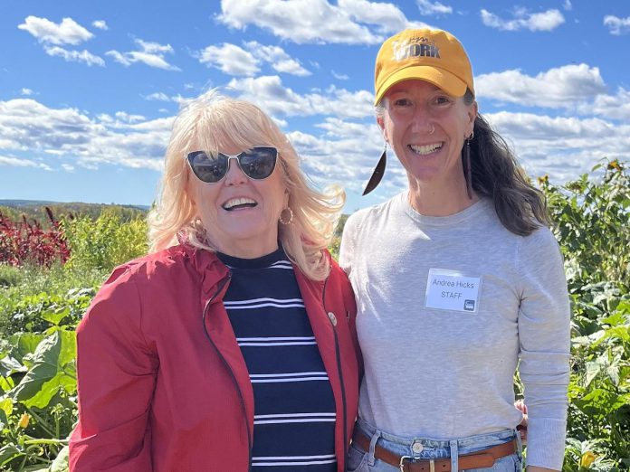 Peterborough County warden Bonnie Clark with Farms at Work's Community Farm Planner Andrea Hicks during the official launch of the Peterborough Community Farm in Otonabee-South Monaghan on October 3, 2026. (Photo courtesy of Farms at Work)