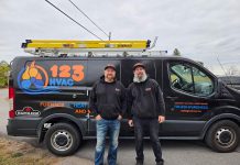 Heat pumps are installed and maintained by Heating Ventilation and Air Conditioning (HVAC) businesses like 123 HVAC, based in Selwyn Township and serving the broader Peterborough and Kawartha Lakes region. Owner Cory Rawn (left), pictured with business partner Mike Baker, dispels some common myths about heat pumps in advance of GreenUP's inaugural Heat Pump Week from October 13 to 16, 2026. (Photo courtesy of 123 HVAC)