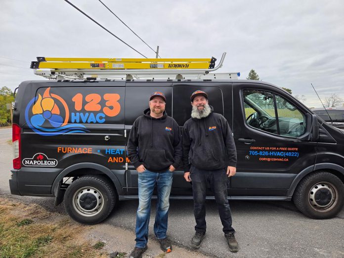 Heat pumps are installed and maintained by Heating Ventilation and Air Conditioning (HVAC) businesses like 123 HVAC, based in Selwyn Township and serving the broader Peterborough and Kawartha Lakes region. Owner Cory Rawn (left), pictured with business partner Mike Baker, dispels some common myths about heat pumps in advance of GreenUP's inaugural Heat Pump Week from October 13 to 16, 2026. (Photo courtesy of 123 HVAC)
