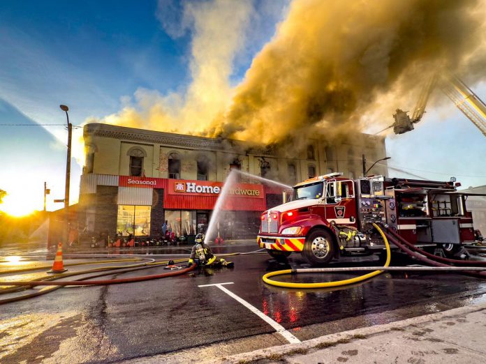On October 9, 2025, a fire severely daamaged the historic Kawartha Home Hardware building at 24 Queen Street in downtown Lakefield, resulting the building being demolished days later. (Photo: Mike Quigg)