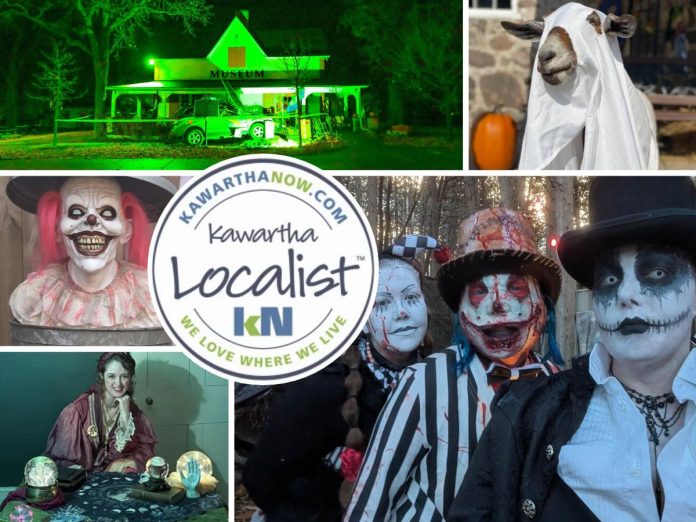 This week's edition of kawarthaNOW's "Kawartha Localist" editorial series highlights 13 Halloween-related events across the greater Kawarthas region, including Haunted Halloween for Kids at Hutchison House in Peterborough, Ghouly Goat Spooktacular at Haute Goat in Port Hope, Haunted Halloween Forest at Winterdance Dogsled Tours in Haliburton County, Project Skyharvest at Escape Maze in Otonabee-South Monaghan, Halloween in Haliburton, Chaos Carnival's "The Dark Circus" forest walk, and more. (kawarthaNOW collage)
