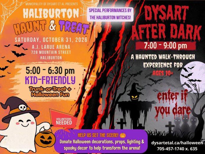 To celebrate Halloween in Haliburton, the Municipality of Dysart et al is hosting two different back-to-back Halloween events at the A.J. Larue Arena: Haunt & Treat featuring themed displays and trunk-or-treat for young children, and Dysart after Dark featuring a scary walk-through for older children and youth. (Graphic: Municipality of Dysart et al)