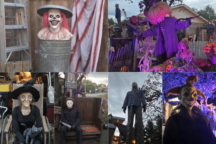 A Port Hope family has gone above and beyond with their Halloween decorations. The immersive displays and spooky walk-through at 4 Payne Crescent are filled with terrifying characters, flashing lights, eerie soundtracks, and much more. (kawarthaNOW collage of supplied photos)