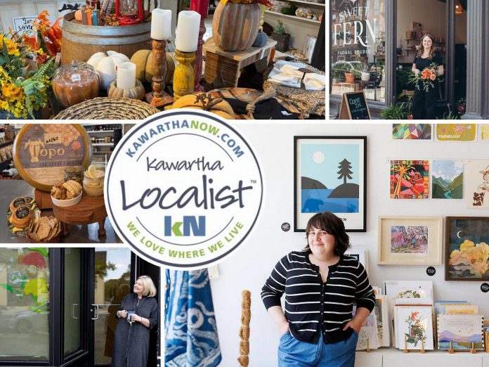 To mark Small Business Week from October 19 to 25, 2026, this week's edition of kawarthaNOW's "Kawartha Localist" editorial series highlights 10 small businesses across the greater Kawarthas region as selected by our readers, including Peterborough businesses Take Cover Books, Sweet Fern Floral Studio, The Doggery, Living Local Marketplace, and Watson & Lou, as well as Millbrook Mercantile in Millbrook, The Roost Farm & Market in Kawartha Lakes, The Old Tin Shed in Bancroft, Centre & Main Chocolate Co. in Warkworth, and Heart N Soul Gifts in Lindsay. (kawarthaNOW collage)