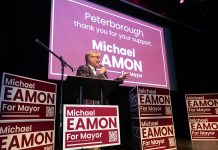 After being elected as the next mayor of Peterborough on October 26, 2026, Michael Eamon addresses his supporters at Market Hall Performing Arts Centre in downtown Peterborough. (Photo: Jordan Lyall / kawarthaNOW)