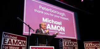 After being elected as the next mayor of Peterborough on October 26, 2026, Michael Eamon addresses his supporters at Market Hall Performing Arts Centre in downtown Peterborough. (Photo: Jordan Lyall / kawarthaNOW)