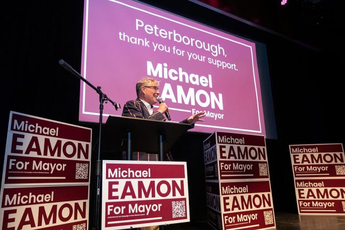 After being elected as the next mayor of Peterborough on October 26, 2026, Michael Eamon addresses his supporters at Market Hall Performing Arts Centre in downtown Peterborough. (Photo: Jordan Lyall / kawarthaNOW)