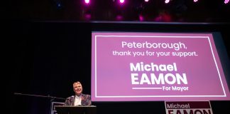 Peterborough's mayor-elect Michael Eamon celebrates his victory at Market Hall Performing Arts Centre on October 26, 2026. Eamon is one of several new mayors across the greater Kawarthas region, with some incumbent mayors losing their seats. (Photo: Jordan Lyall / kawarthaNOW)