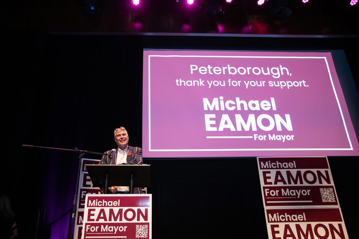Voters elect new mayors in Peterborough, Kawartha Lakes, Port Hope, Minden Hills, and more Peterborough's mayor-elect Michael Eamon celebrates his victory at Market Hall Performing Arts Centre on October 26, 2026. Eamon is one of several new mayors across the greater Kawarthas region, with some incumbent mayors losing their seats. (Photo: Jordan Lyall / kawarthaNOW)