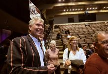 Political newcomer Michael Eamon reacts to the election results as they came in around 9:20 p.m. on October 26, 2026 at Market Hall Performing Arts Centre, showing him with a substantial lead over fellow political newcomer Neil Morton in the race to be Peterborough's next mayor. (Photo: Jordan Lyall / kawarthaNOW)